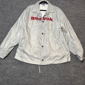 Reebok Mens Light Gray Nylon Track Jacket Spell Out Logo Red Size L‎